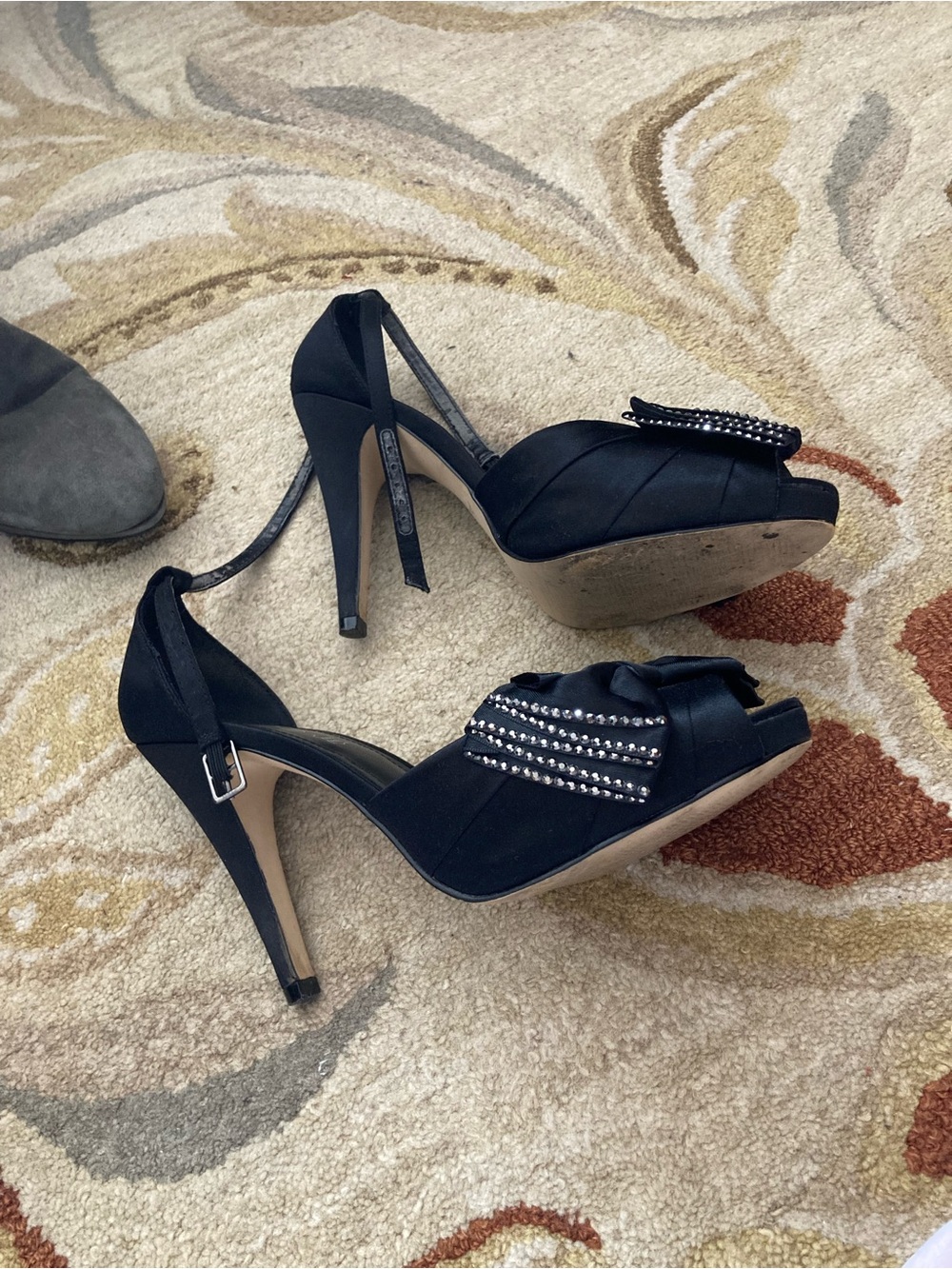 ALDO Black Rhinestone Bow Peep-Toe Heels